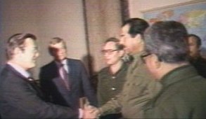 Donald Rumsfeld shakes hand with Saddam Hussein in Baghdad